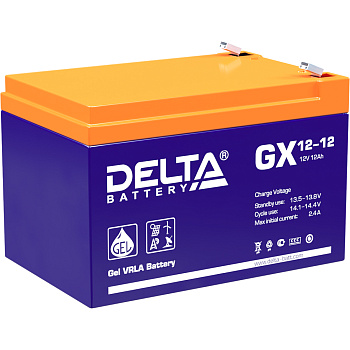 Батарея DELTA серия GX, GX 12-12, напряжение 12В, емкость 12Ач (разряд 20 часов),  макс. ток разряда