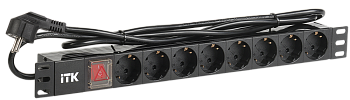 ITK PDU 8 розеток DIN49440 (нем. cтанд.) с LED выключателем, 1U, шнур 2м вилка DIN49441 (нем. станд.