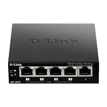D-Link DES-1005P/B1A Коммутатор/ DES-1005P,DES-1005P/B Unmanaged Switch 5x100Base-TX (4x100Base-TX P