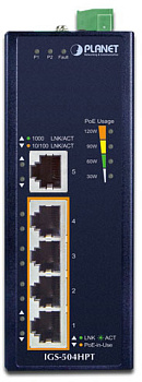 PLANET IGS-504HPT коммутатор/ PLANET IP30 5-Port Gigabit Switch with 4-Port 802.3AT POE+ (-40 to 75 