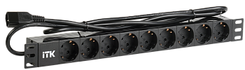 PDU 9 розеток DIN49440 (нем. cтанд.) 1U, шнур 2м вилка IEC 320 C14, алюминиевый профиль, черный