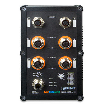 PLANET IGS-604HPT-M12 коммутатор/ PLANET IP67-rated Industrial L2+ 4-Port 10/100/1000T M12 802.3at P