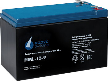 Battery Parus Electro, professional series HML-12-9, voltage 12V, capacity 9Ah (discharge 20 hours),