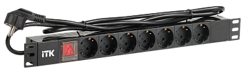 PDU 7 розеток нем. стандарт, с LED выключателем,1U, шнур 2м вилка нем. стандарт, алюминиевый профиль