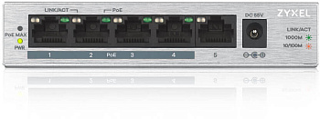 ZYXEL GS1005HP-EU0101F Коммутатор/ ZYXEL GS1005HP Switch PoE +, 5xGE (4xPoE +), desktop, metal, sile