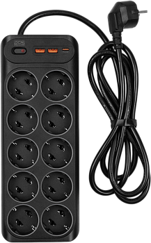 Сетевой фильтр-удлинитель/ PowerCom SP-10 USB2A1CB 1.8M, 10 розеток, черный, 16А, 4кВт, 204Дж, защит