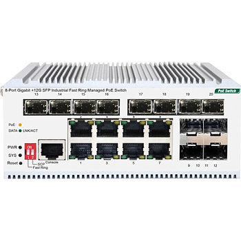 Origo OI3120P/185W/A1A Коммутатор/ Managed L2 Industrial Fast Ring Switch 8x1000Base-T PoE, 12x1000B