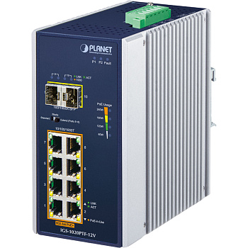 PLANET IGS-1020PTF-12V коммутатор/ PLANET  IGS-1020PTF-12V IP30 Industrial 8-Port 10/100/1000T 802.3