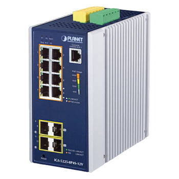 PLANET IGS-5225-8P4S-12V коммутатор/ PLANET IP30 Industrial L2+/L4 8-Port 1000T 802.3at PoE + 2-Port