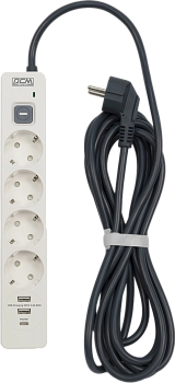 Сетевой фильтр-удлинитель/ PowerCom SP-01 USB2A1CW 3.0M, 4 розетки, белый, 16А, 4кВт, 380Дж, защитны
